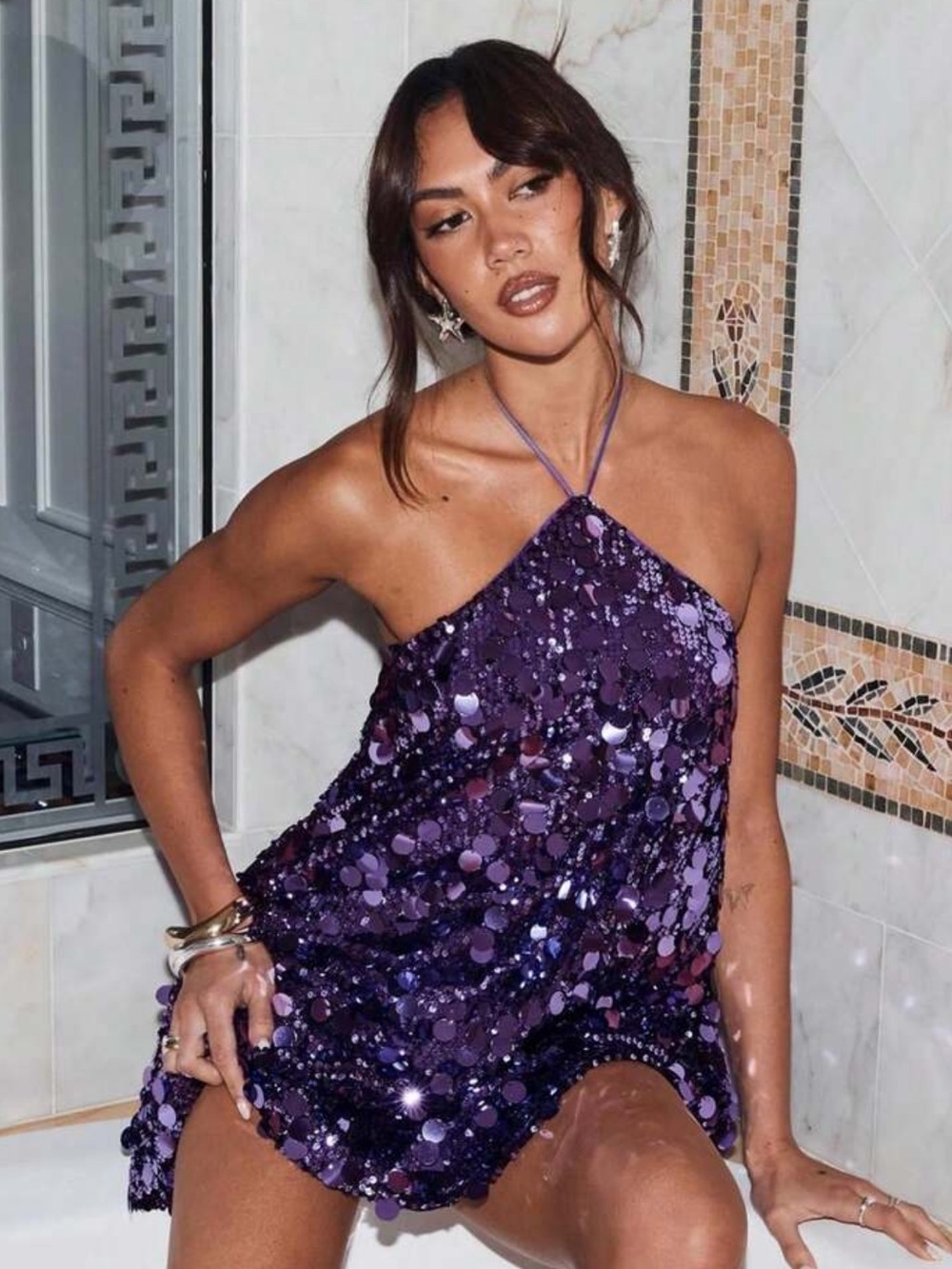 Women's Sequin Halter Mini Dress Sparkly Glitter Sleeveless Backless Slim Fit